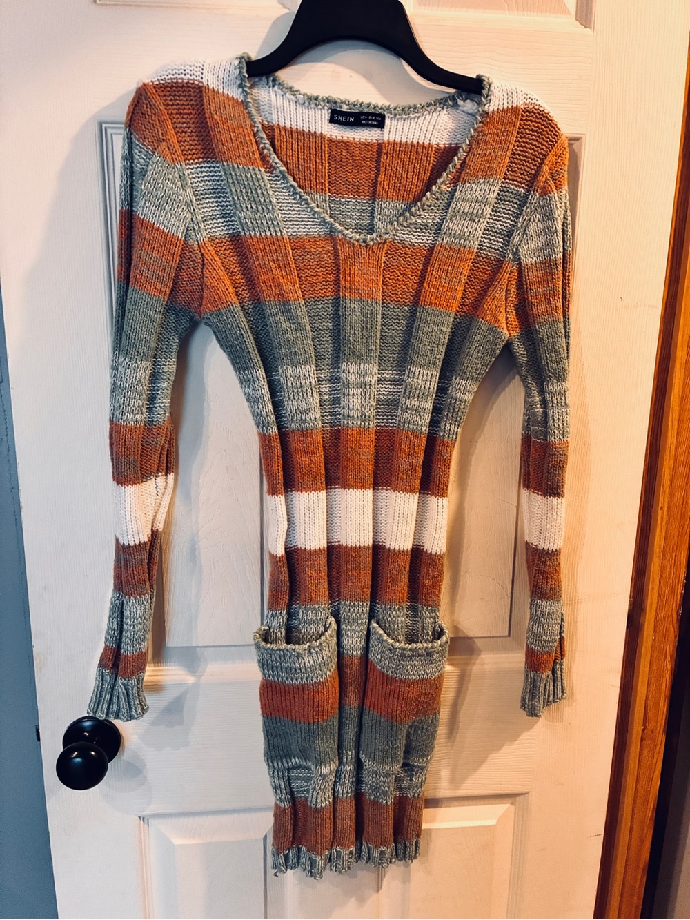 SHEIN Striped V-Neck Knit Sweater Dress in Rust, Olive & White